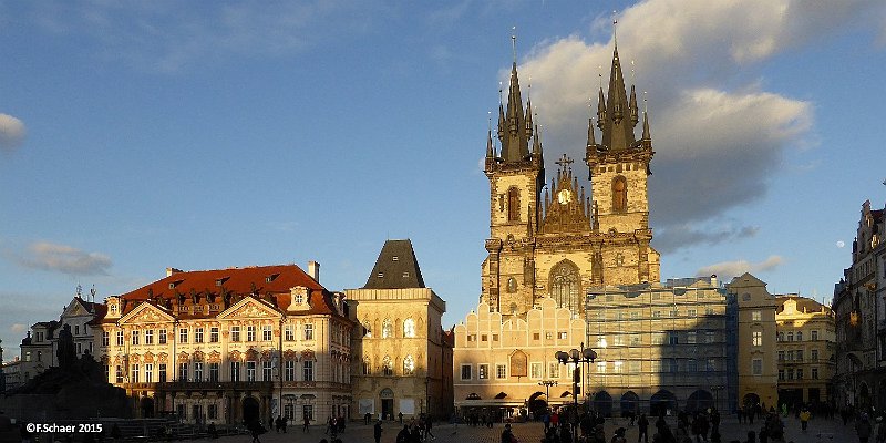 Horizonte 112.jpg - shows the Staré Mêsto Place in the old town of Prague(Czech Republic) with the impressive roman Catholic Church ofthe Lady before Tym, constructed in 14th century. Close by isthe wellknown astrologic clock, a mechanic wonder built 1410.  Position: N50°05'15" E14°25'15", elev.190m/625ft Camera:Lumix TZ41, date: 03/03/2015 (my 75th birthday!) 17:11 local