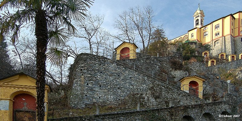 Horizonte 177.jpg - the long and steep stair to the "Madonna del Sasso",a sanctuary and pilgrimage church high above the city of Locarno inthe south part of Switzerland. The founding goes back to a visionof the Virgin Mary sometimes around 1480 A.D.   click here for Google Maps View   Position: N46°10'28" E08°47'41", elev. 315m/1040ft Camera: Nikon D50, 28mm PC-Nikkor (PC=perspective correction-lens)Date: 16/01/2007