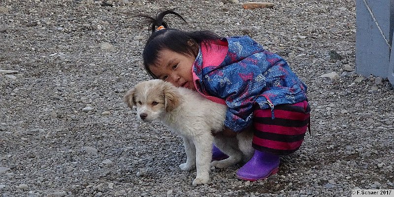 Horizonte 300.jpg - a little Inuit-girl pets her young dog inGrise Fiord on Ellesmere Island in Nunavut, Canada.Grise Fiord is the northernmost Canadian Village andhas about 150 inhabitants, mostly Inuits. The polar-night is from Nov.01 until Feb.09 when the sun staysalways below the horizon.That's my 300st picture since I started this program.....   click here for Google Maps View   Position (Google Earth): N 76°25'06"/W 82°53'48"Camera: Sony HX90, Zeiss lens, date: 29/08/2017, 18:46pm