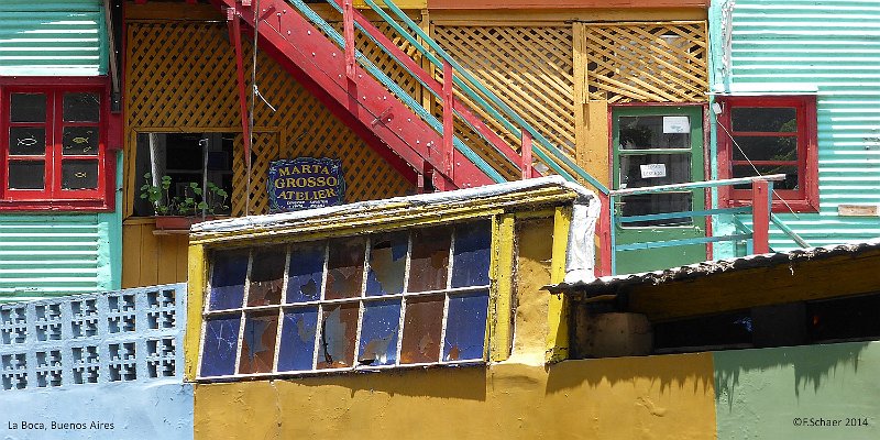 Horizonte 36.jpg - shows the old shantytown along El Caminito in the La Boca District of Buenos Aires. La Boca was founded by Italian Immigrants late 18th century. Colourful shags as well as many artists and Tango-schools makes La Boca the best known object for tourists.   click here for Google Maps View   Position: S34°38'21" W58°21'47" Elev. 5m/17ft  Camera Lumix TZ20