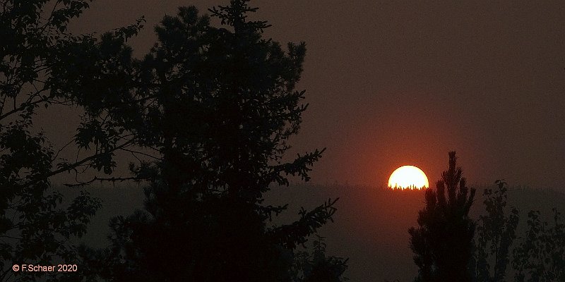 Horizonte 409.jpg - this very topical Picture showing the yesterday's dramatic sunrise due to the dense Smoke from the enormous Forestfires in the western United States of America, seen from our BalconyPosition: N 51°53'01"/W120°01'31", elev.710m, date: 18/09/2020, 07:50 local,Camera: Sony HX90Vein top-aktuelles Bild vom gestrigen, rauchgefärbten Sonnenaufgang wegen der dramatischen Waldbrände in den westlichen USA, aufgenommen auf unserem Balkon