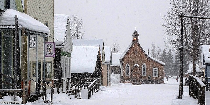 Horizonte 583.jpg - the wintery Church in Barkerville, a well restored  Goldrush-Village from the 1860's in Central British Columbia, CanadaPosition: N: 53°04'/W: 121°31' Date: 29/012017, Camera: Sony HX 400